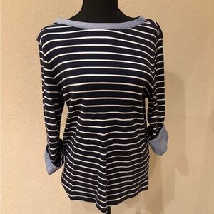 Nautica Women's Navy and White Striped Long Sleeve Top